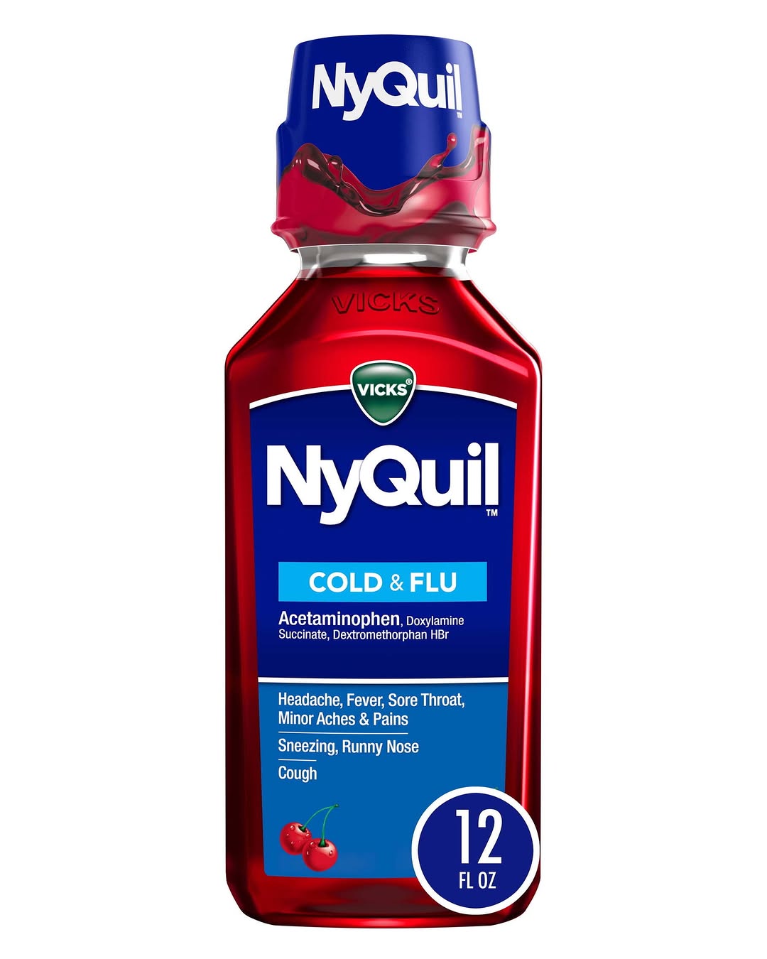 Vicks Nyquil Cold & Flu Liquid, Nighttime Cold And Flu Medicine, Cherry, 12 Fl Oz