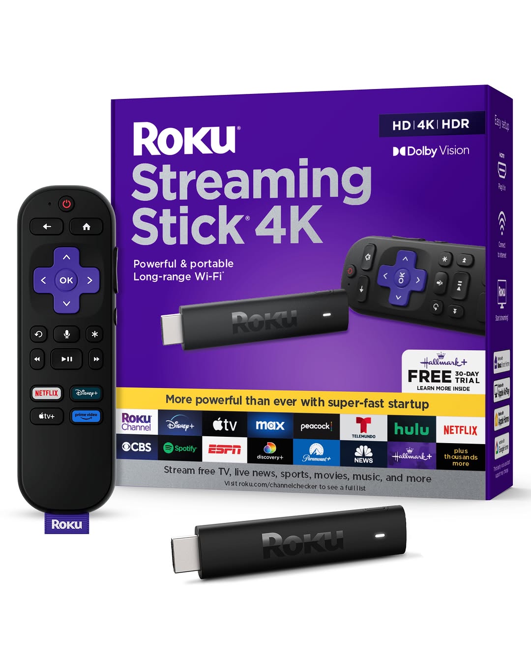 Roku Streaming Stick 4k - Hdr & Dolby Vision Roku Streaming Device For Tv With Voice Remote & Long-range Wi-fi - Free &