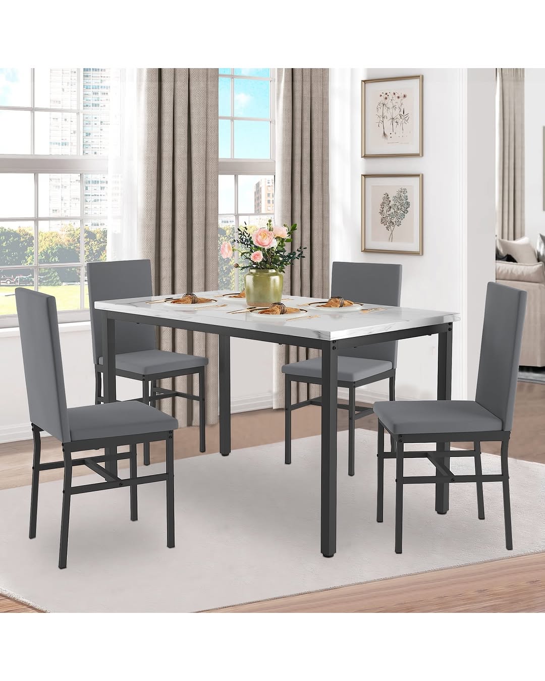 5 Piece Faux Marble Top Dining Table Set For 4, Rectangular Table And 4 High-back Velvet Padded Chairs, Small Space Dini