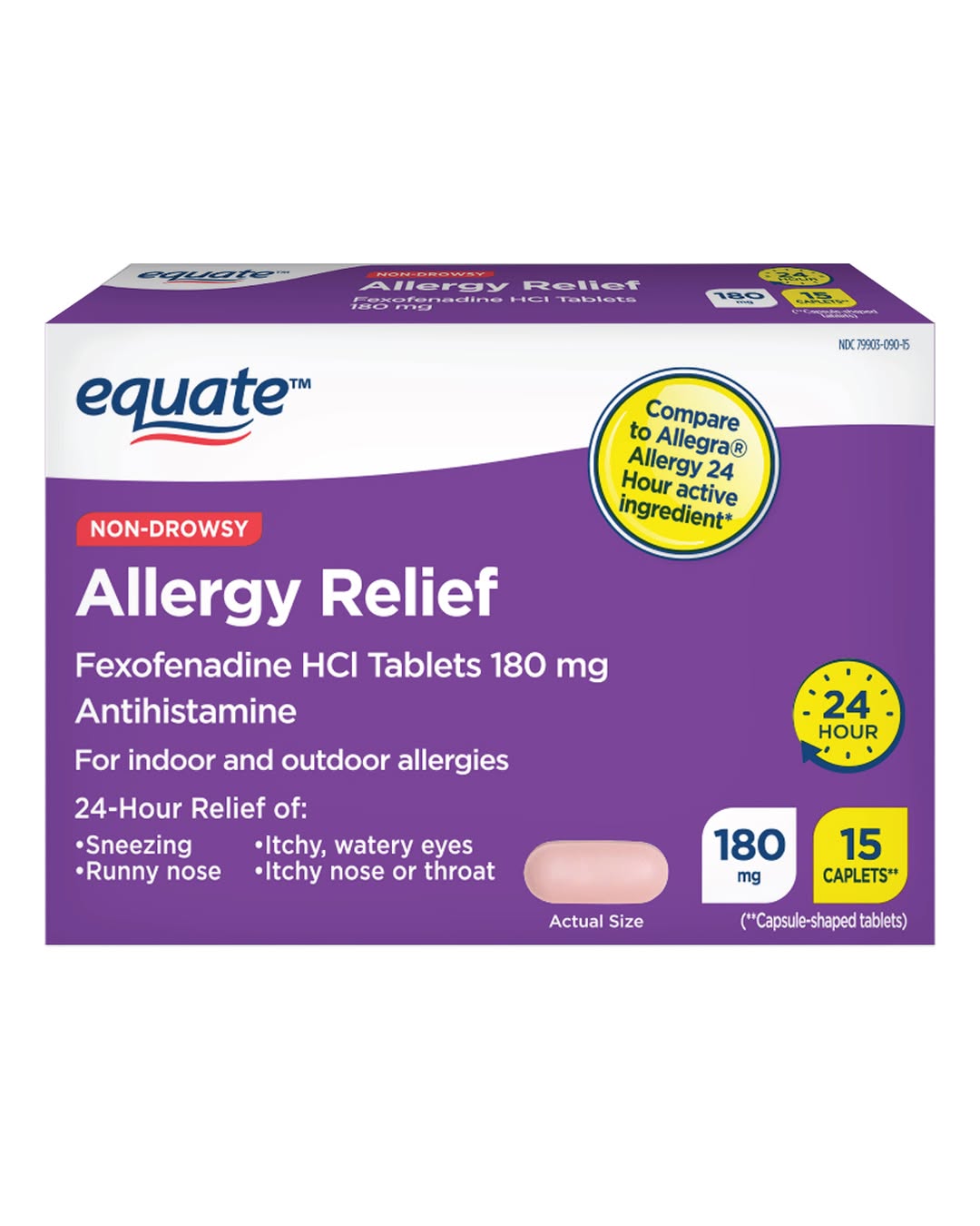 Equate Non-drowsy Allergy Relief Fexofenadine Hcl 180mg Caplets, 15 Count