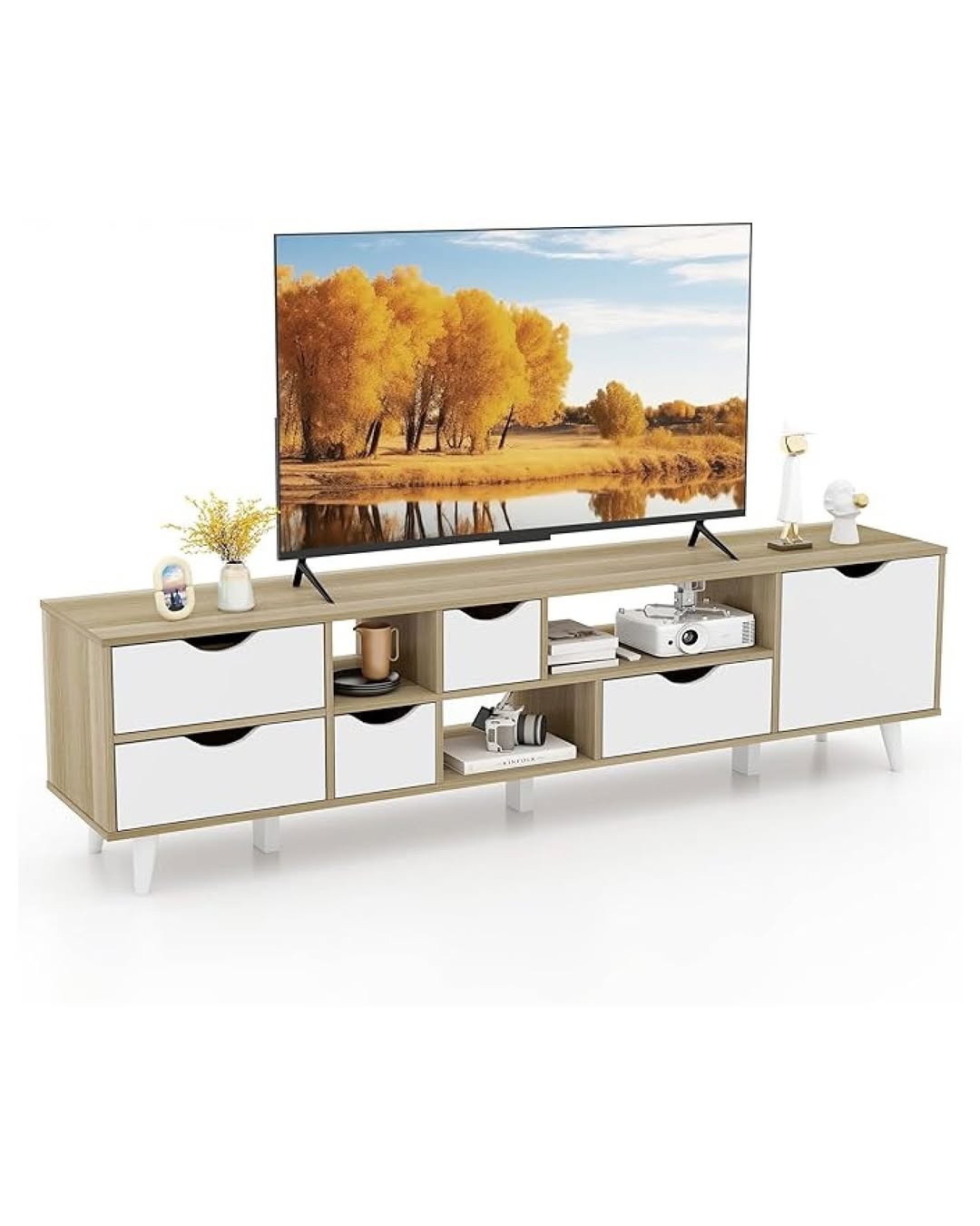 White Tv Stand, Century Modern Tv Console Table W/storage, Television Stand W/ 5 Drawers & 3 Open Shelves, Home Living R
