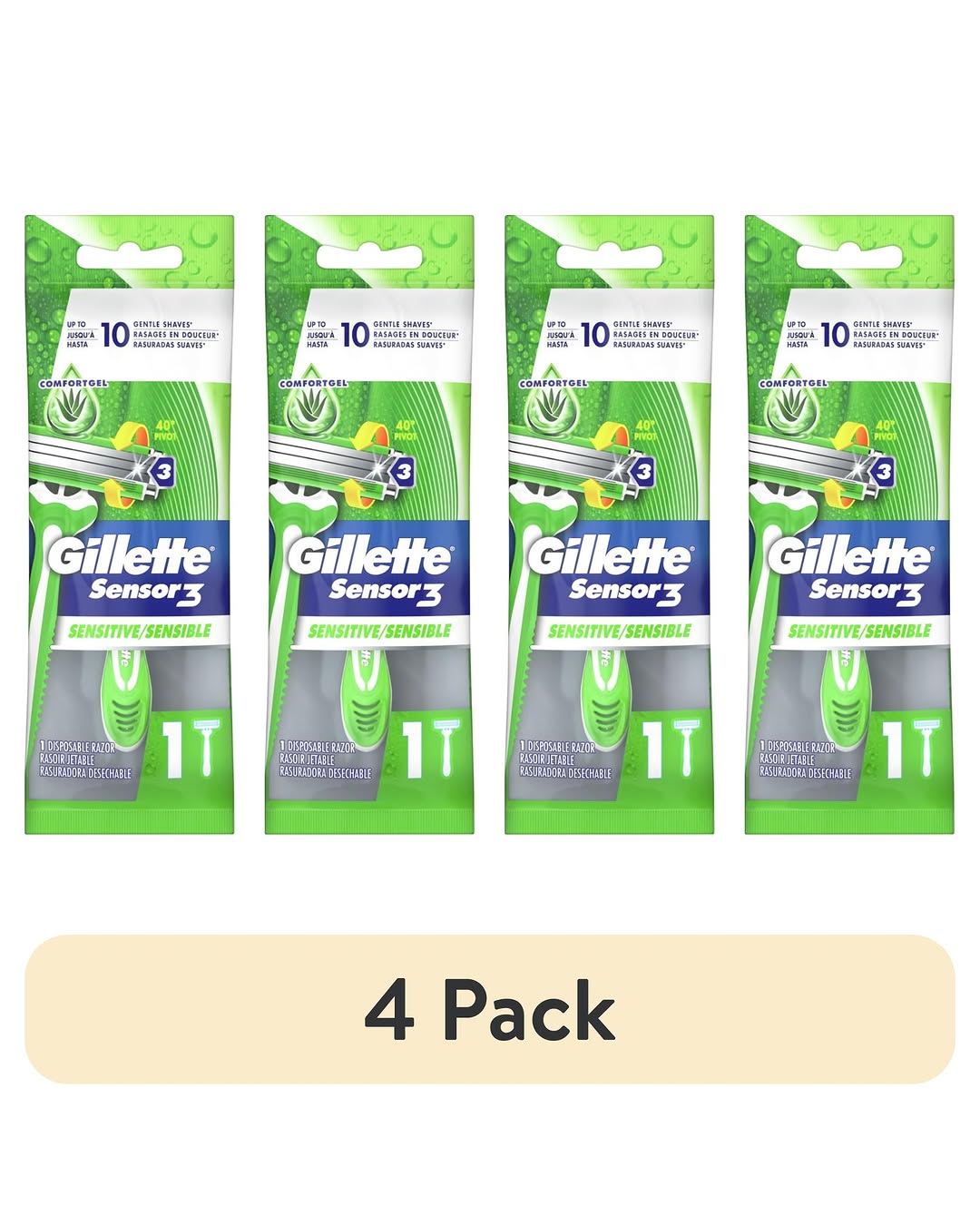 (4 Pack) Gillette Sensor3 Sensitive Men's Disposable Razor, 1 Razor, Green