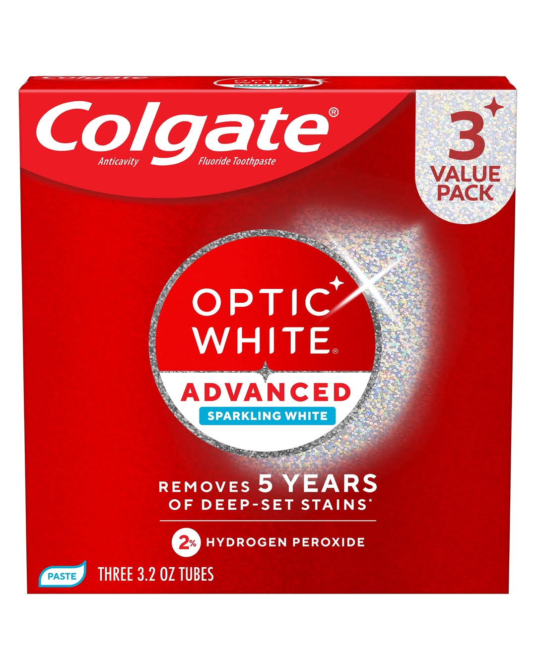 Colgate Optic White Advanced Sparkling White Toothpaste With 2% Hydrogen Peroxide, Mint, 3 Pack, 3.2 Oz