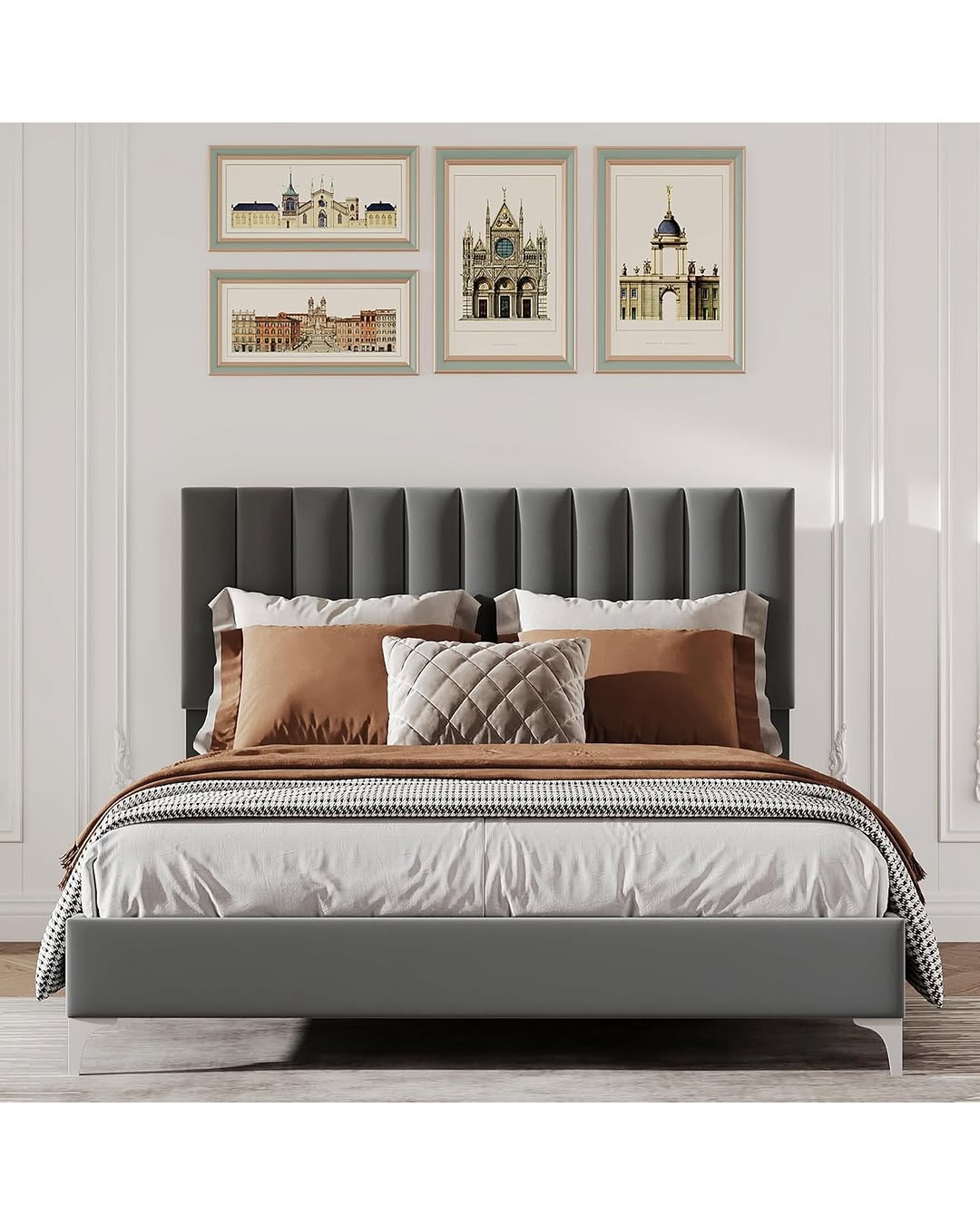 Queen Size Platform Bed Frame With Fabric Upholstered Headboard,wooden Slats Support, Fully Upholstered Mattress Foundat