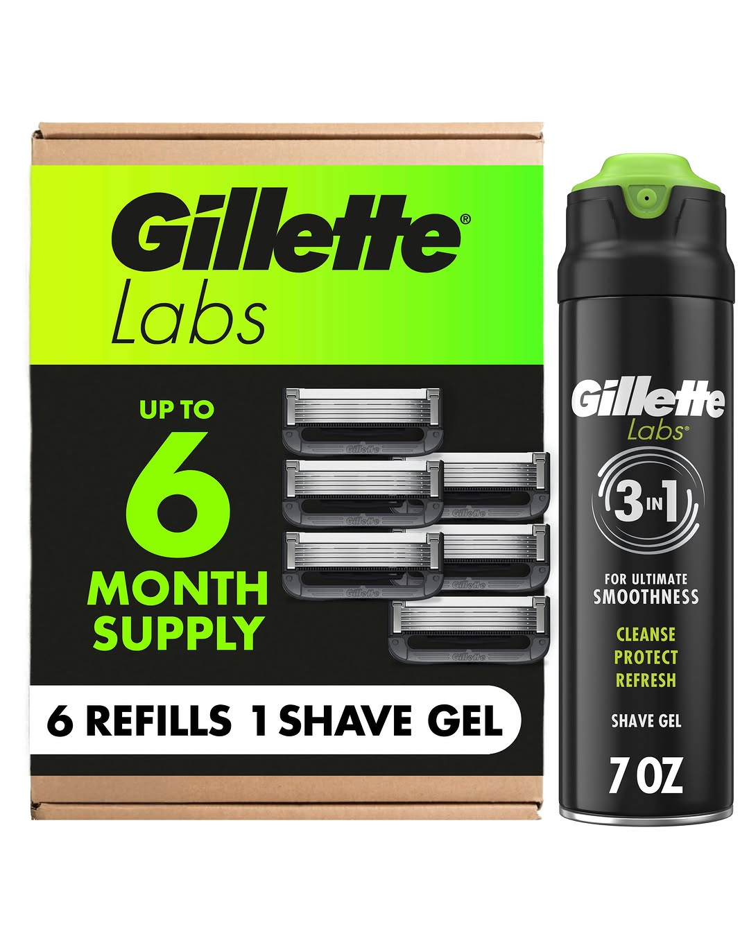 Gillette Labs With Exfoliating Bar Razor Refills For Men - 6 Razor Blade Refills And 7 Oz Rapid Foaming Shave Gel