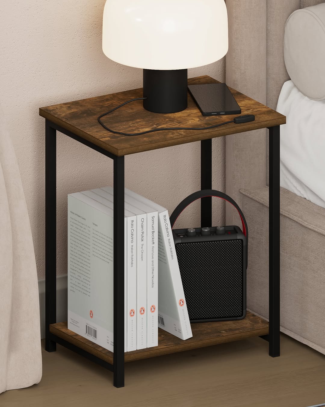 Furinno Simplistic 2-tier Metal Frame Open Nightstand End/side Table Amber Pine