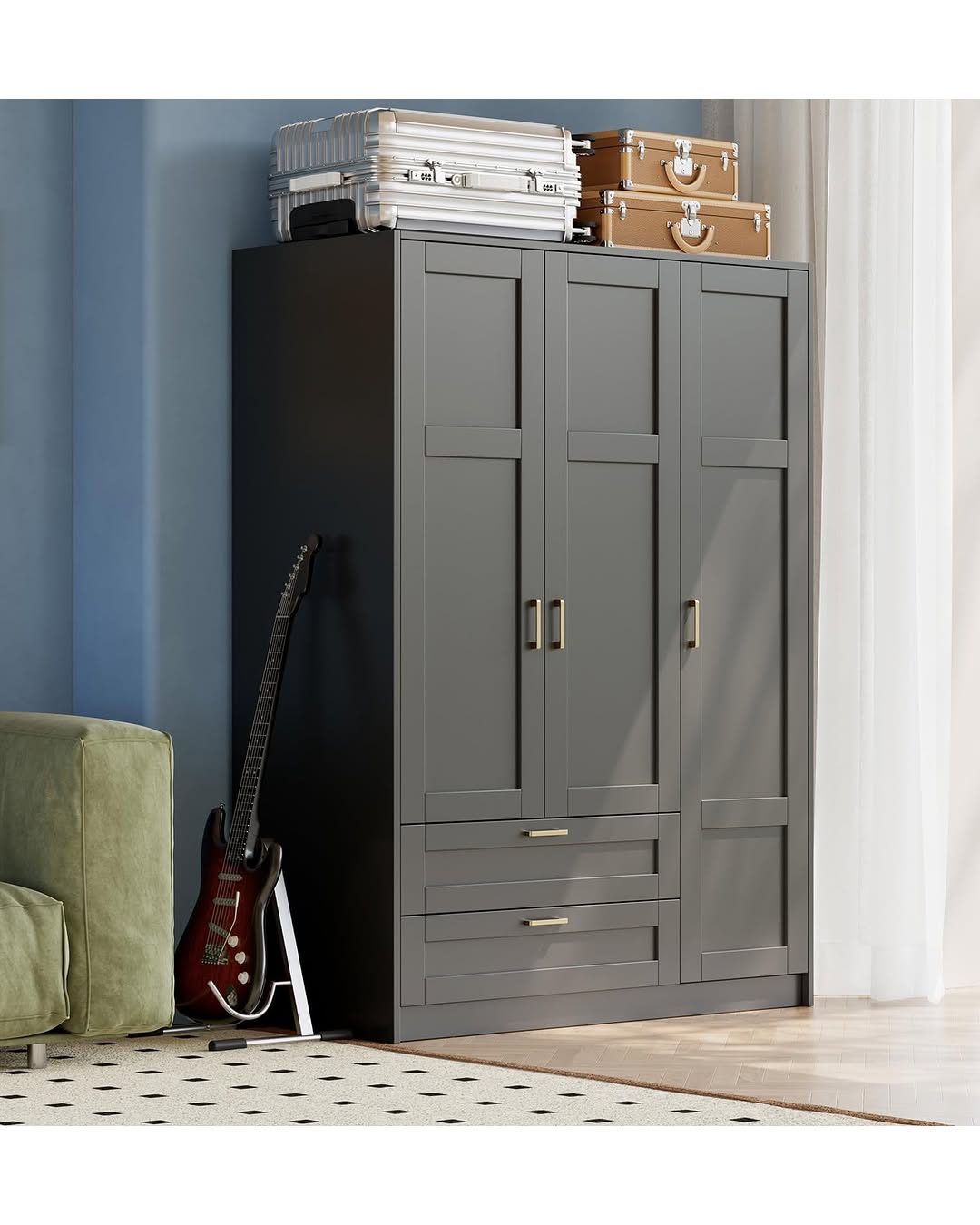 Eastvita Wooden Armoire Wardrobe Closet 66''h Clothing Storage Cabinet With Hanging Rod 2 Drawers Black
