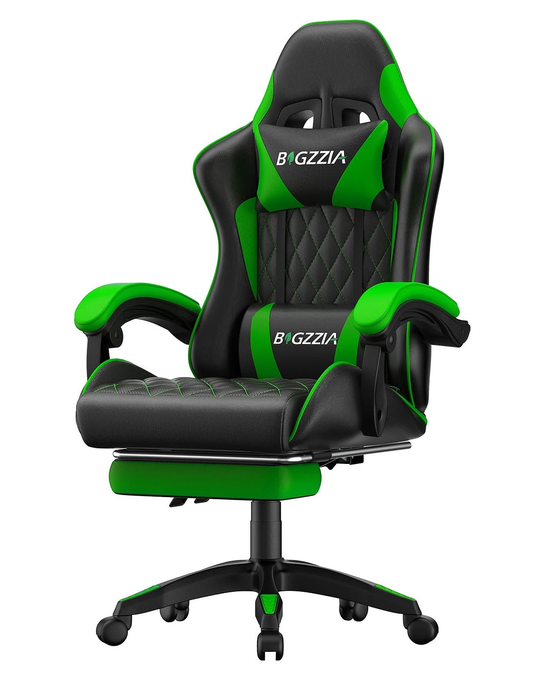 Bigzzia Gaming Chair With Footrest, Computer Chair With Adjustable Lumbar Pillow And Headrest, Green