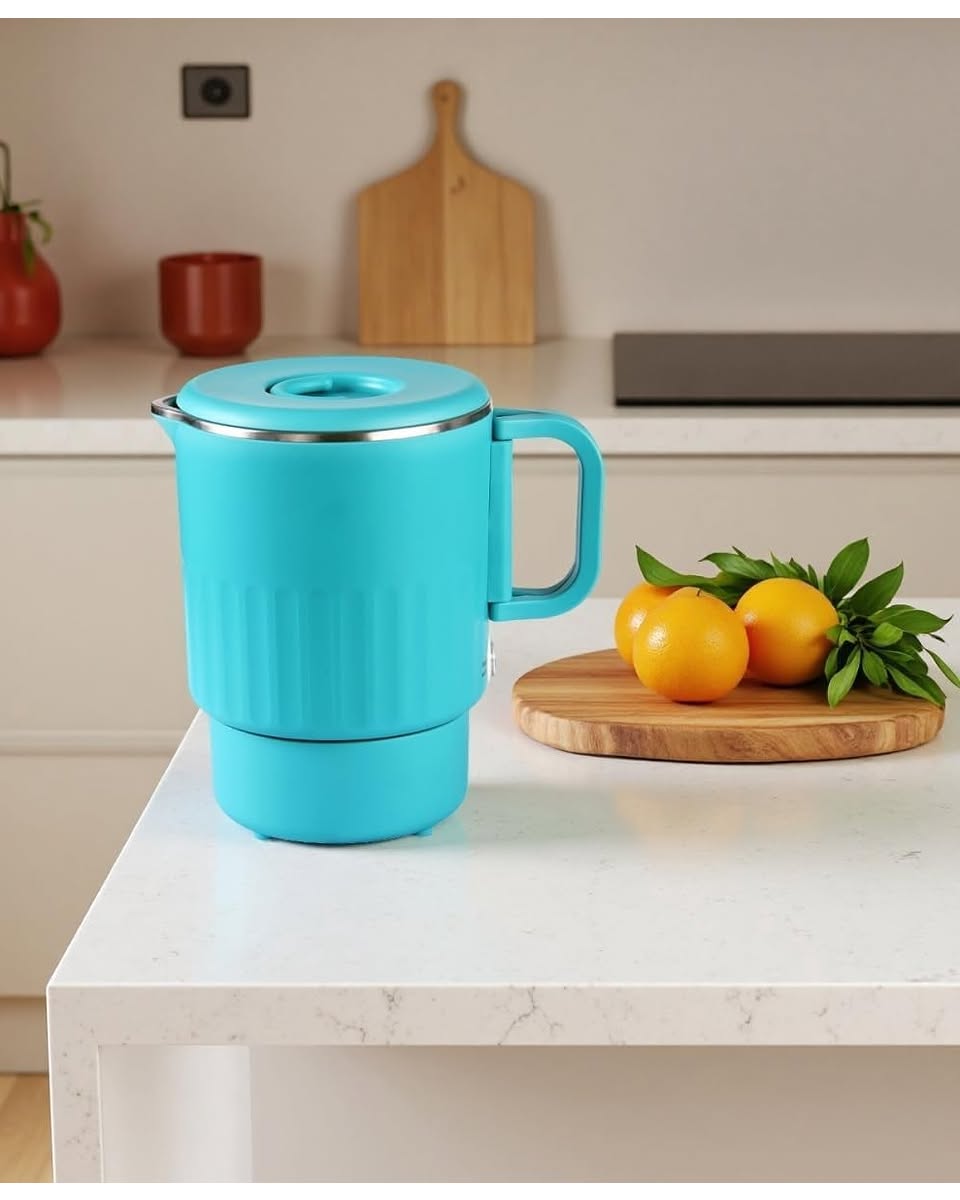 Foldable Handle Small Electric Water Kettle 27 Ounce Blue, 304 Stainless Steel Portable Travel Boiler For Office, Campin