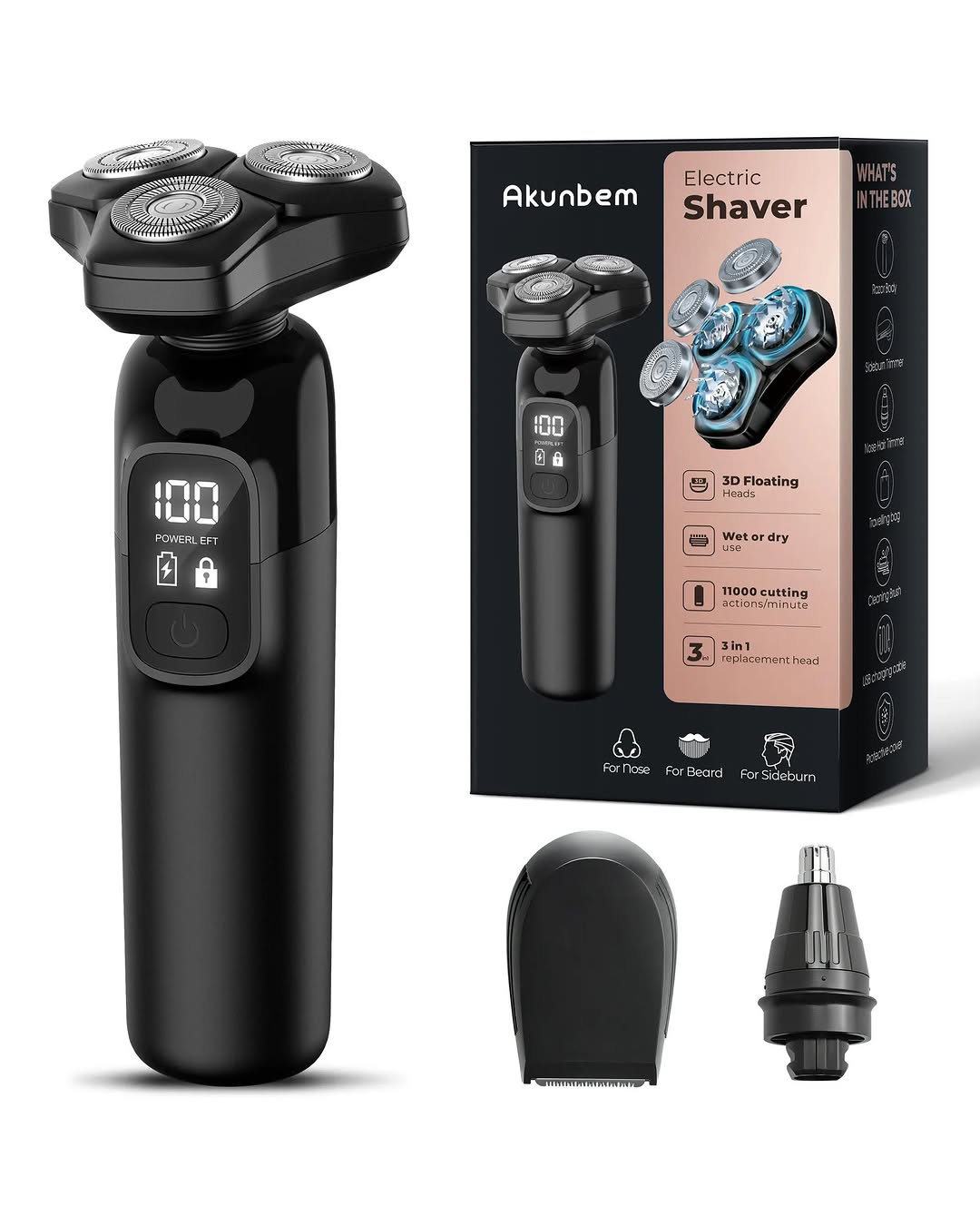 Electric Razor For Men, Cordless, 3-blade Rotary, Wet/dry, Ipx7 Waterproof, Fast Charge