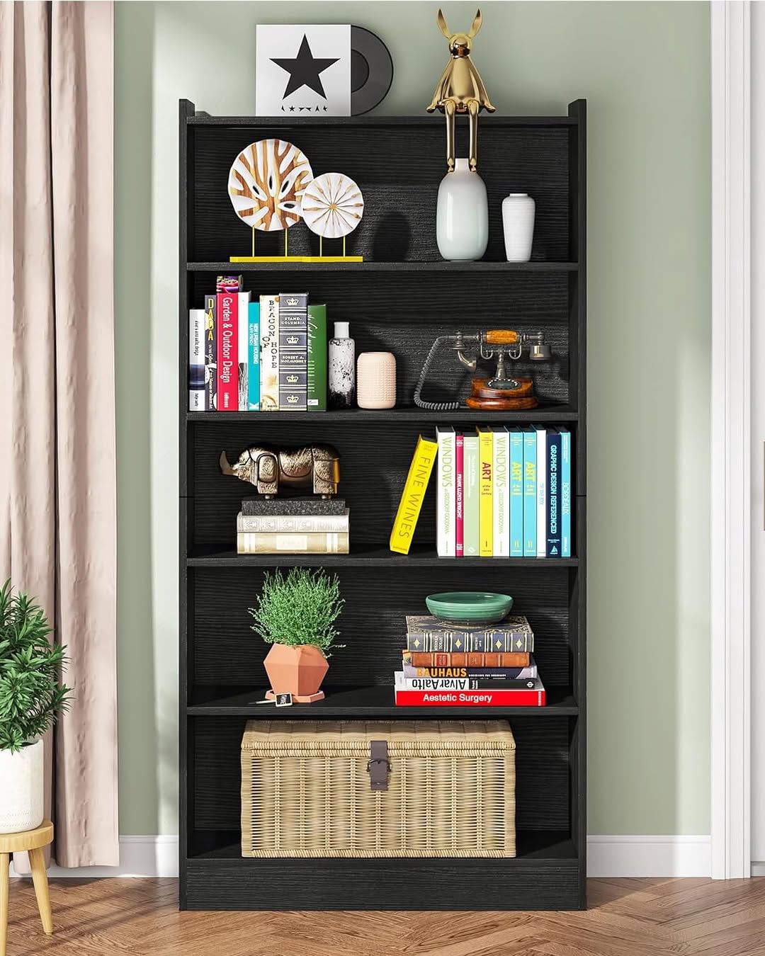 Finmind 72'' Bookcase, 6-tier Library Bookshelf, Wood Display Shelving, Black
