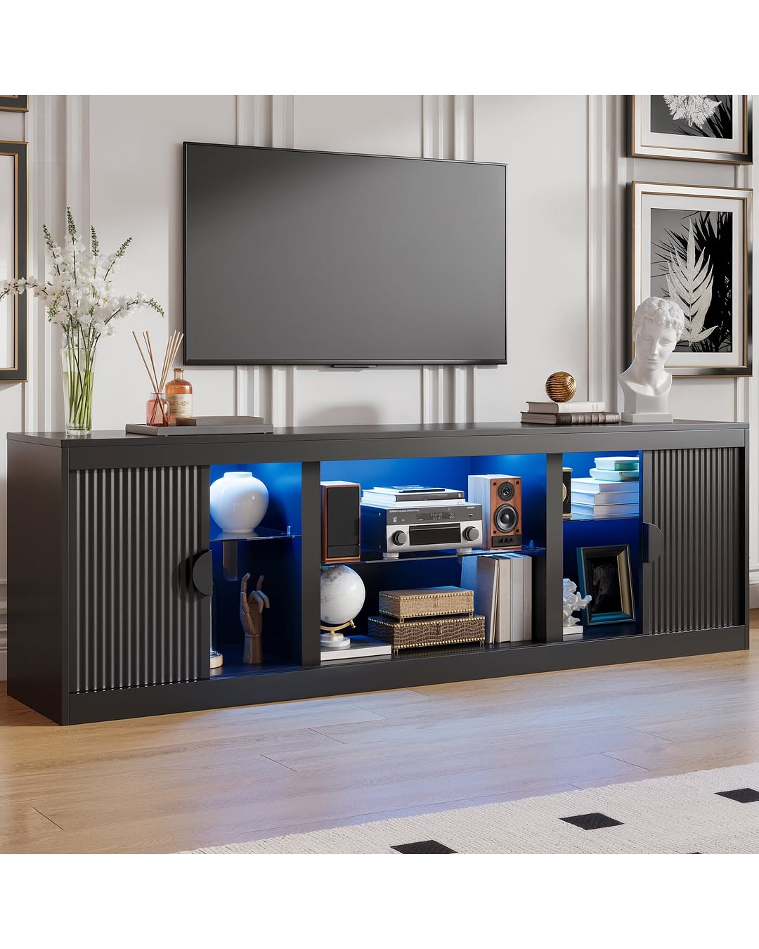 Holliwill 70" Tv Stand For Tvs Up To 80" With Led Lights, Fluted Modern Entertainment Center Tv Console With Sliding Doo