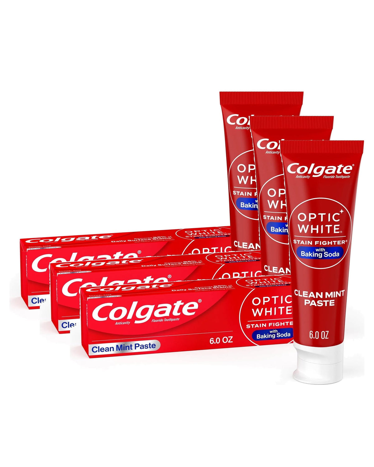 (3 Pack) Colgate Optic White Stain Fighter Teeth Whitening Toothpaste With Baking Soda, Clean Mint, 6 Oz Tube