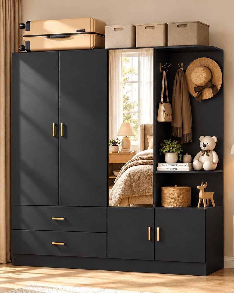 Ktaxon Wardrobe Armoire Closet With 3 Door Mirror Hanging Rod Open Shelf, Large Capacity Storage Closet For Bedroom, Mod